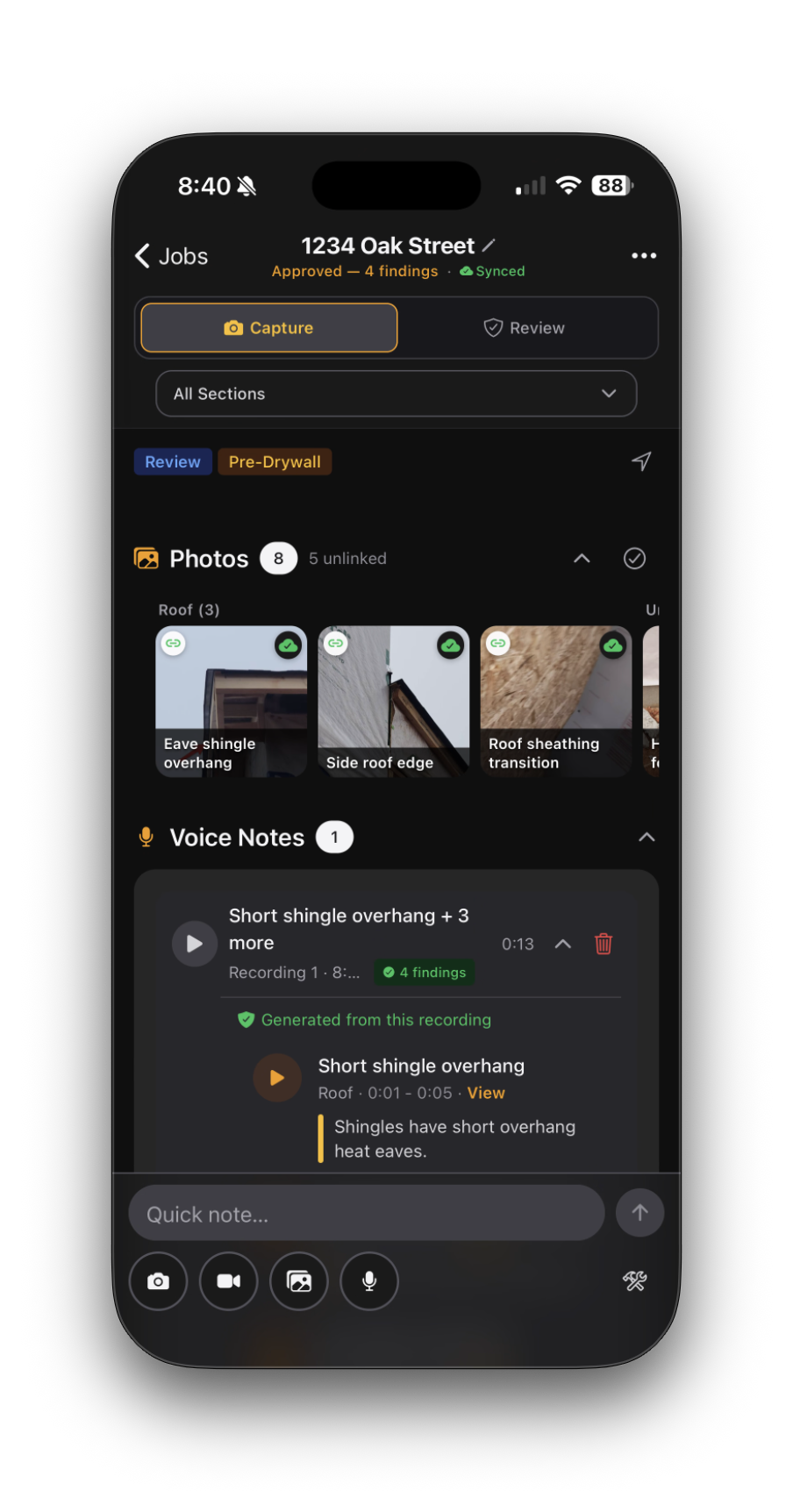 Workspace with photos, voice notes, and generated findings