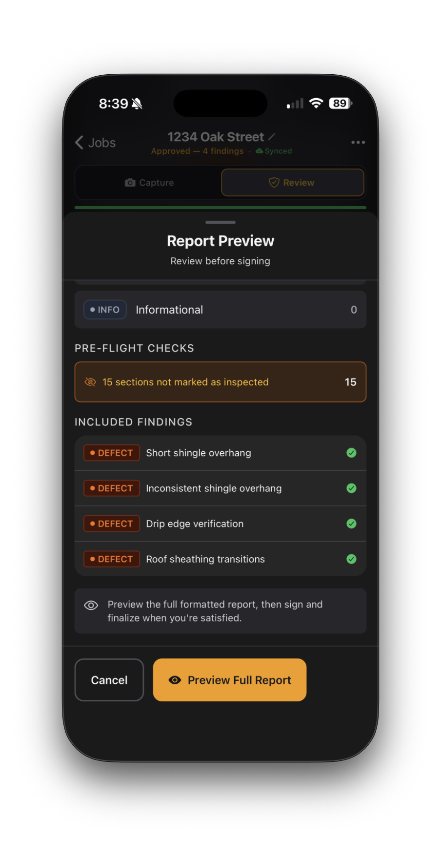 Report preview with pre-flight checks, included findings, and preview button