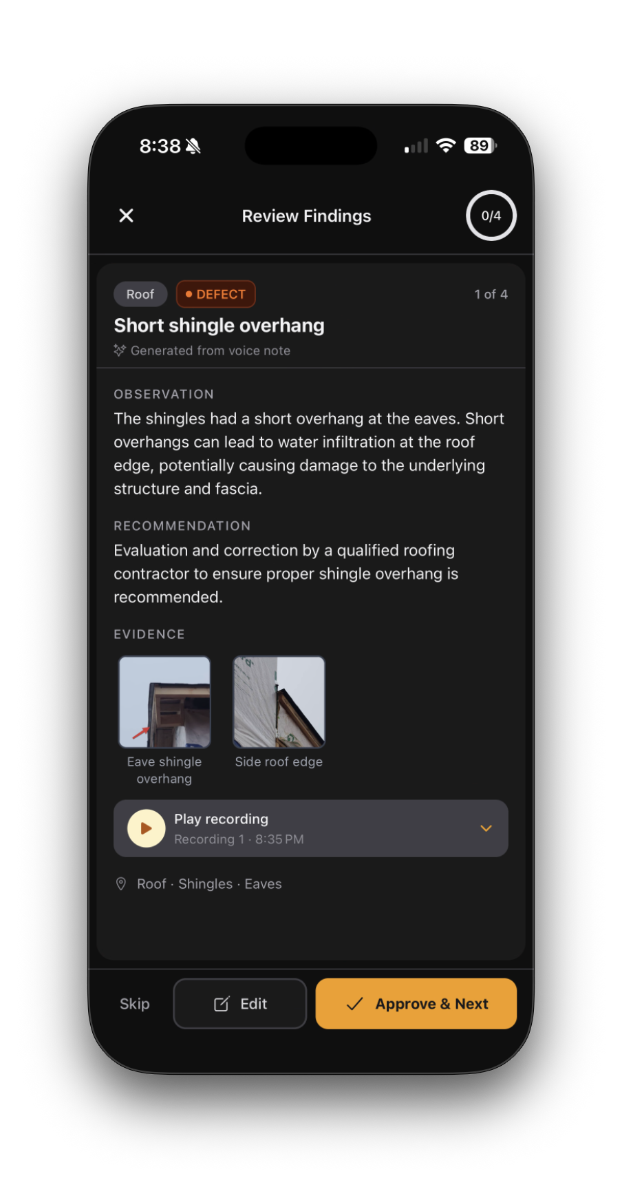 Review screen showing observation, recommendation, evidence photos, and approve actions